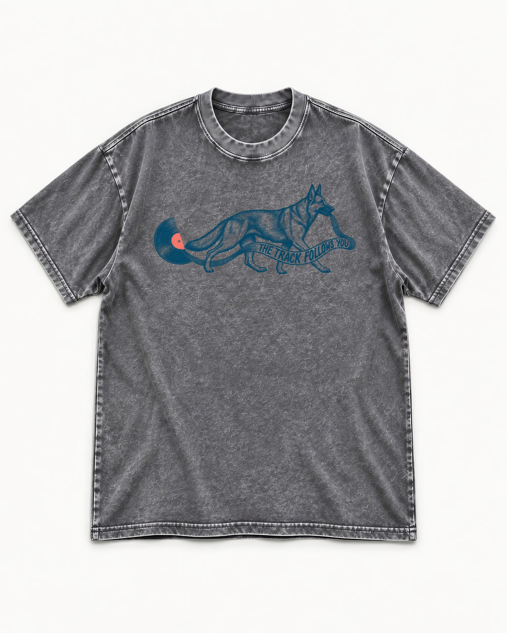 German Shepherd Dog The Track Follows You Washed Tee in Gray, flat lay product photo