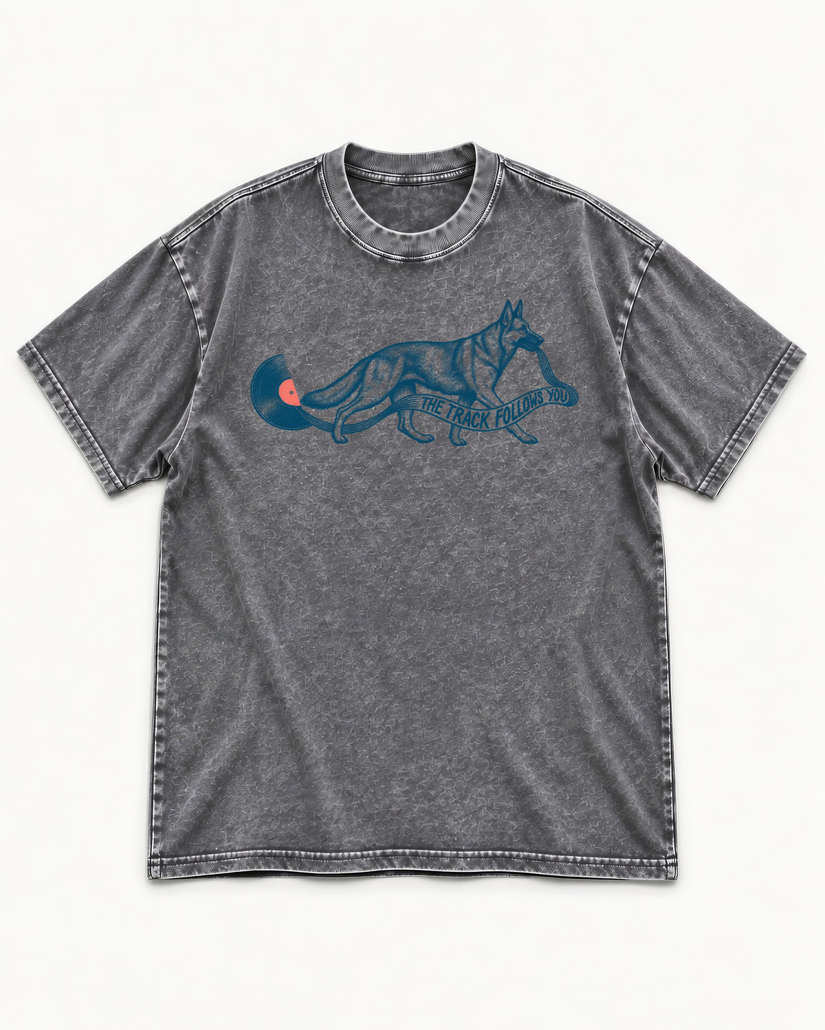 German Shepherd Dog The Track Follows You Washed Tee in Gray, flat lay product photo