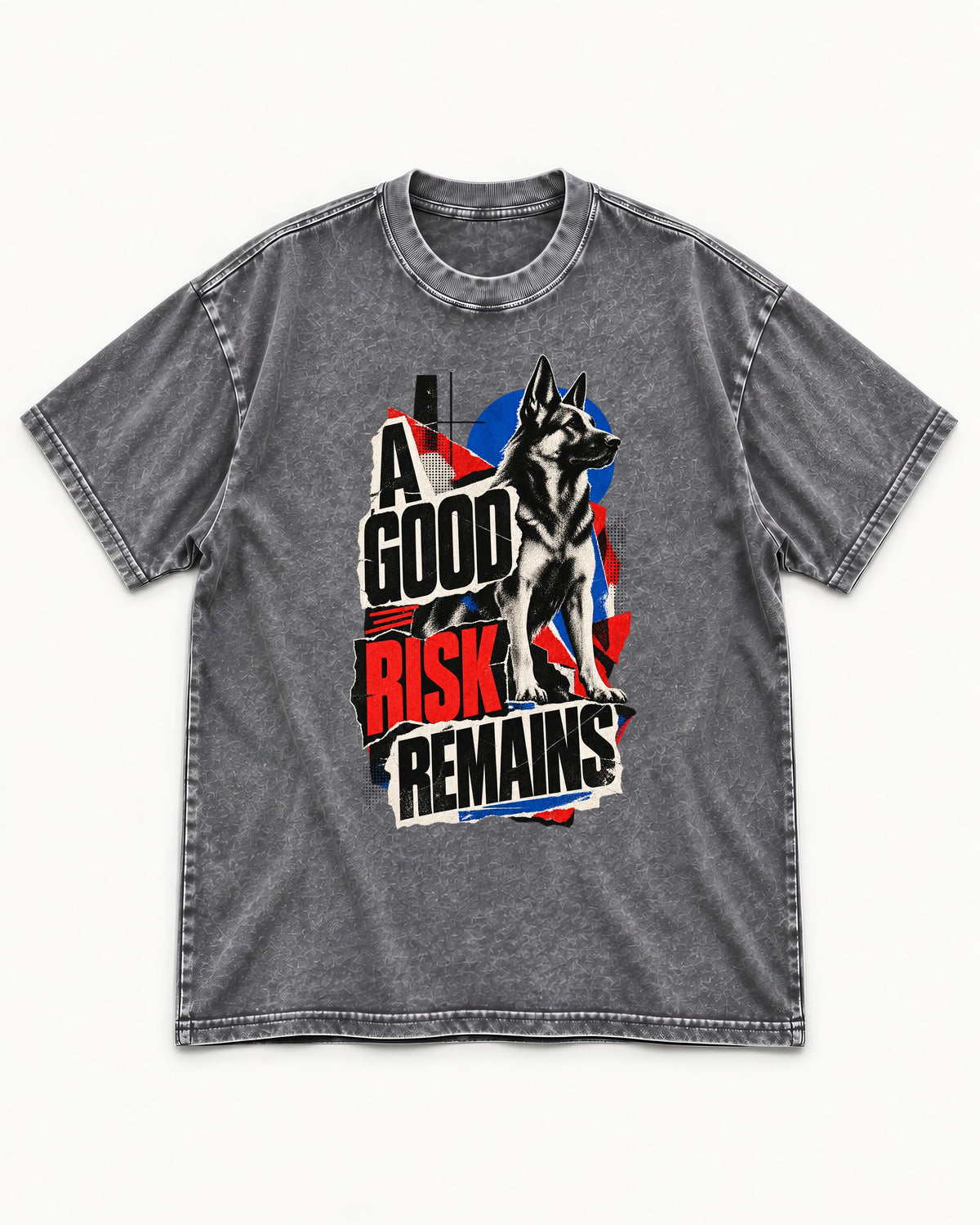 A Good Risk Remains German Shepherd Dog Washed Tee in Gray, flat lay product photo