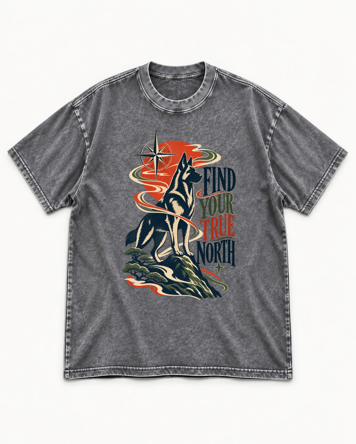 Find Your True North German Shepherd Dog Washed Tee in Gray, flat lay product photo