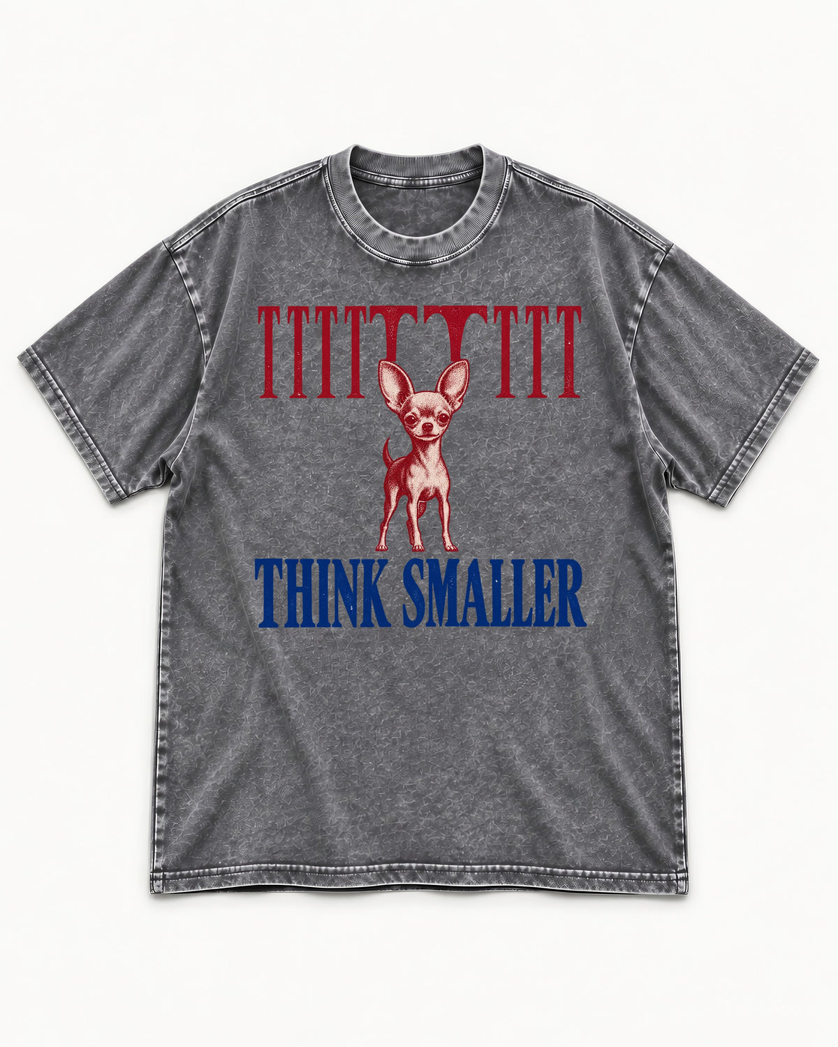 Think Smaller Chihuahua Washed Tee in Gray, flat lay product photo