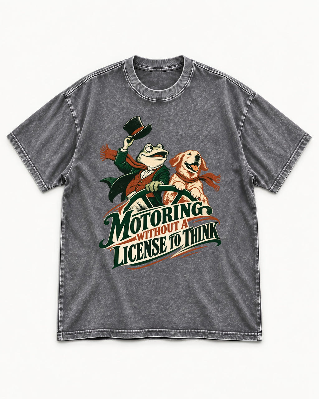 Golden Retriever Motoring Without a License to Think Driving Graphic Washed Tee in Gray, flat lay product photo