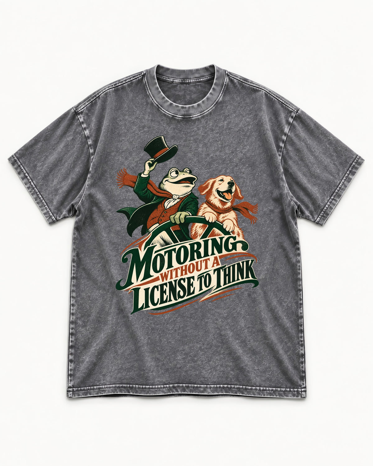 Golden Retriever Motoring Without a License to Think Driving Graphic Washed Tee in Gray, flat lay product photo