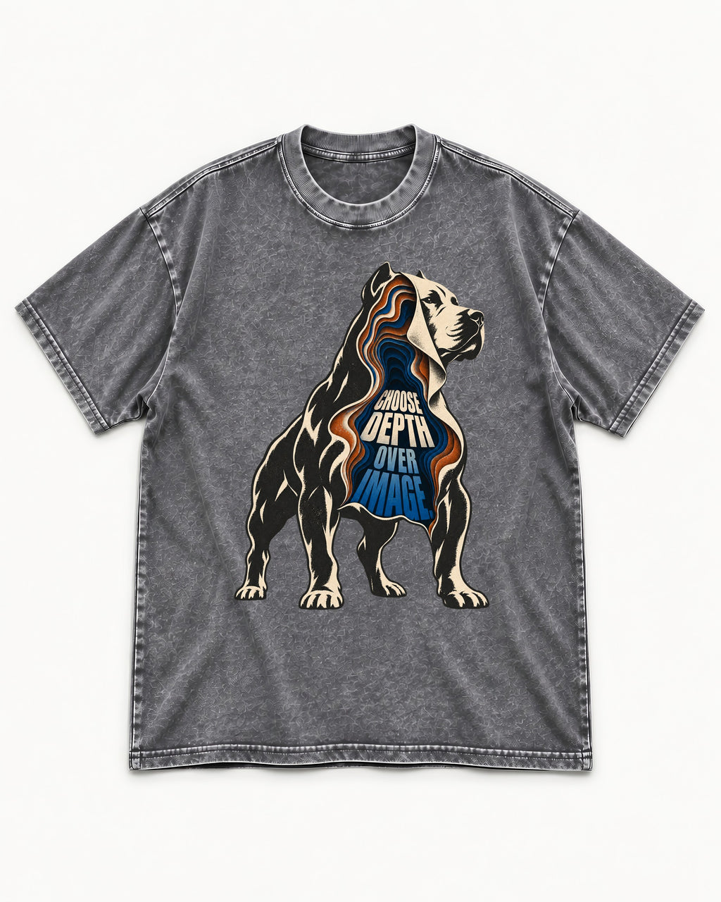 Pitbull Choose Depth Over Image Layered Cutaway Graphic Washed Tee in Gray, flat lay product photo