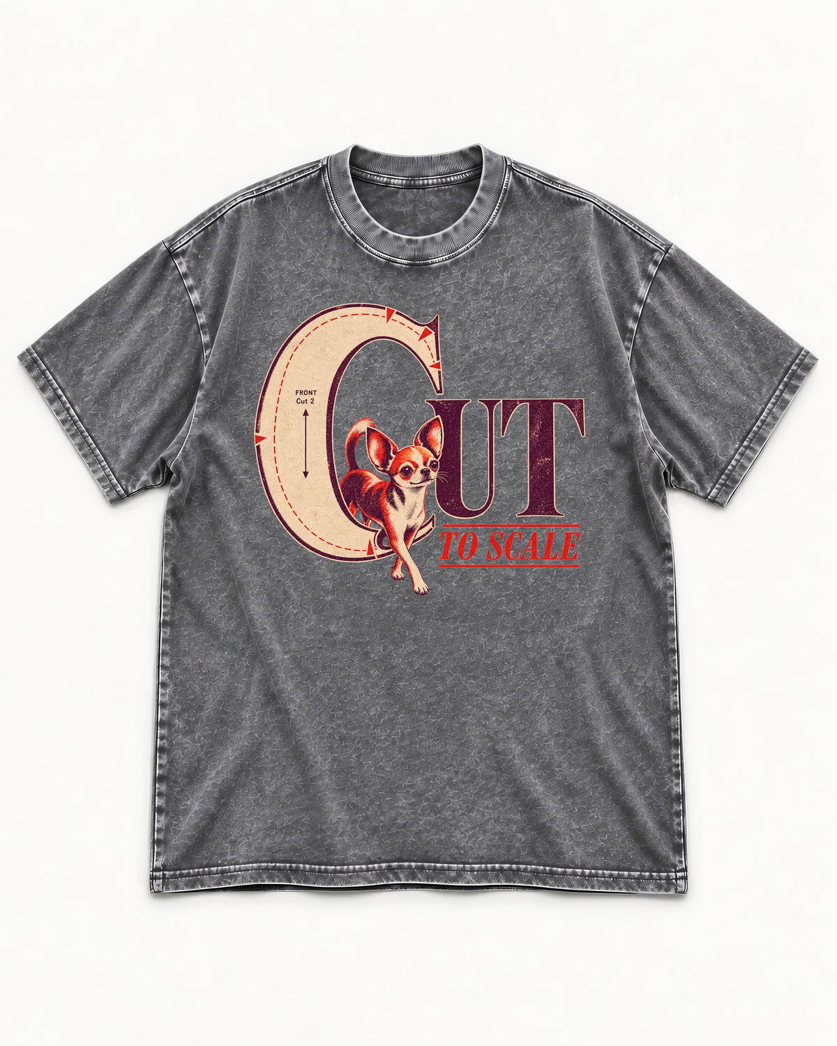 Chihuahua Cut to Scale Sewing Pattern Graphic Washed Tee in Gray, flat lay product photo