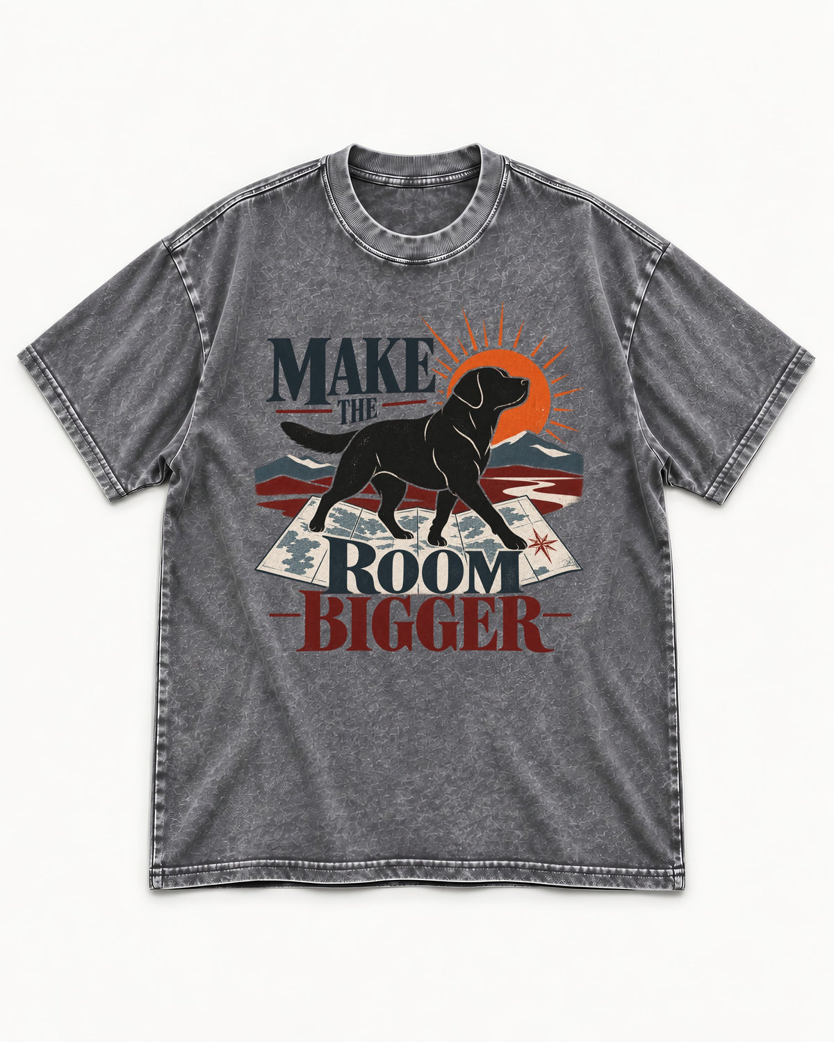 Make the Room Bigger Labrador Retriever Washed Tee in Gray, flat lay product photo