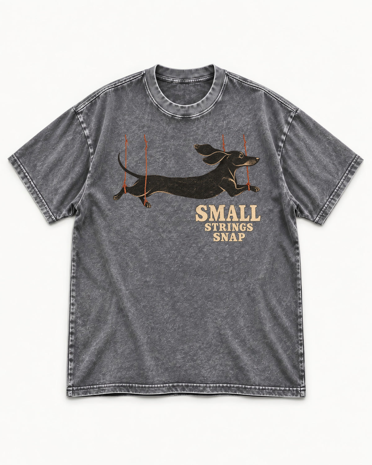 Dachshund Small Strings Snap Marionette Graphic Washed Tee in Gray, flat lay product photo