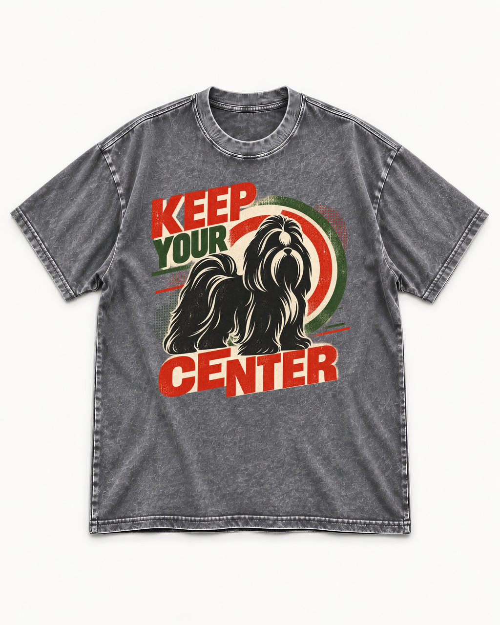 Shih Tzu Keep Your Center Retro Target Graphic Washed Tee in Gray, flat lay product photo