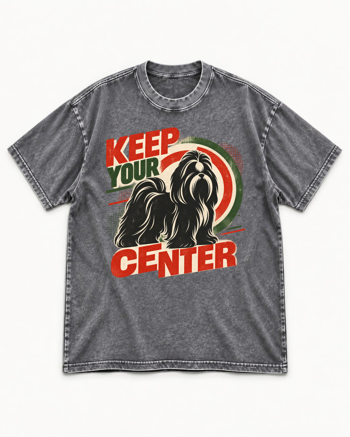 Shih Tzu Keep Your Center Retro Target Graphic Washed Tee in Gray, flat lay product photo