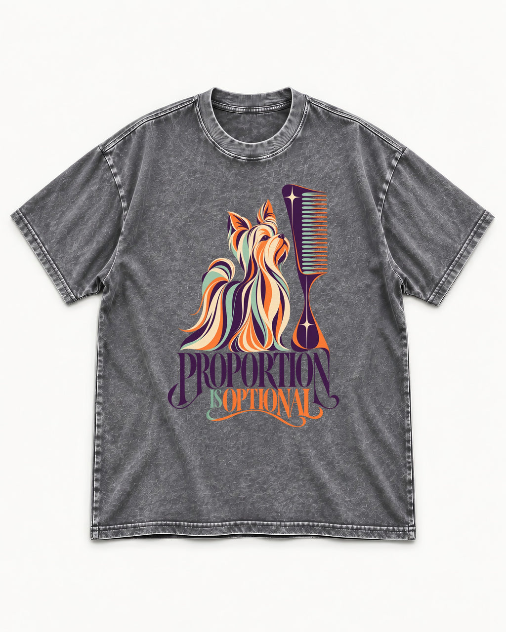 Yorkshire Terrier Proportion Is Optional Washed Tee in Gray, flat lay product photo