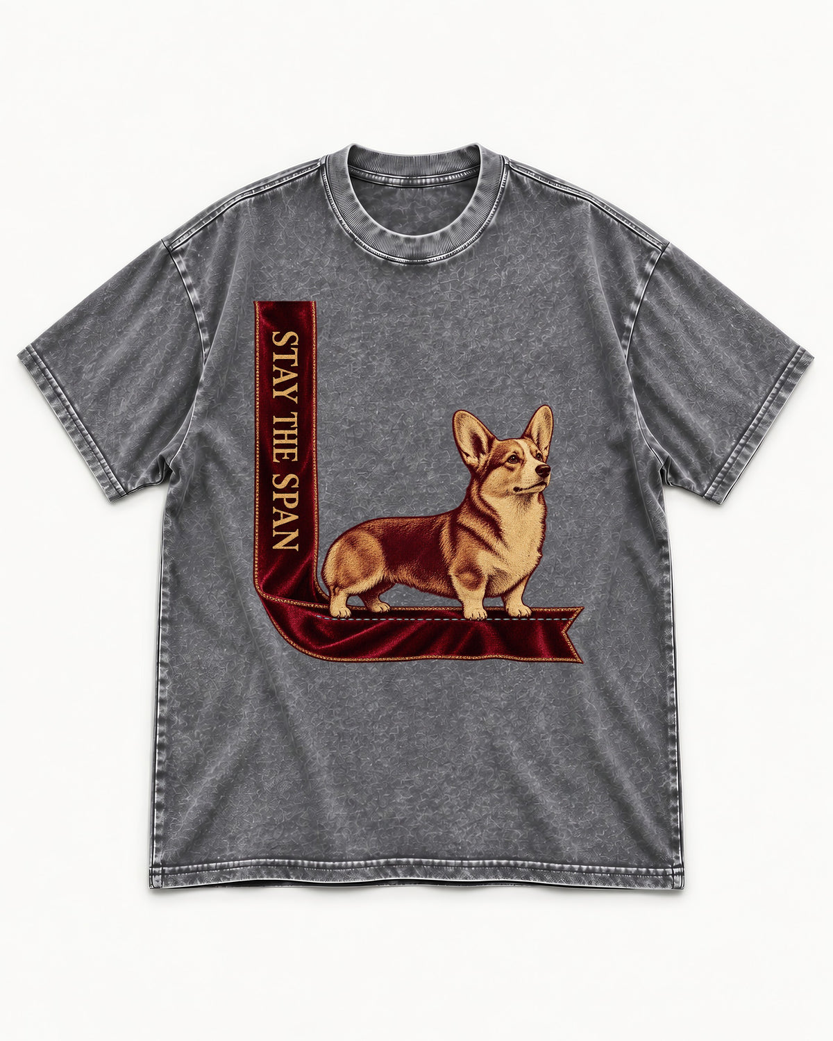 Corgi Stay the Span Ribbon Washed Tee in Gray, flat lay product photo