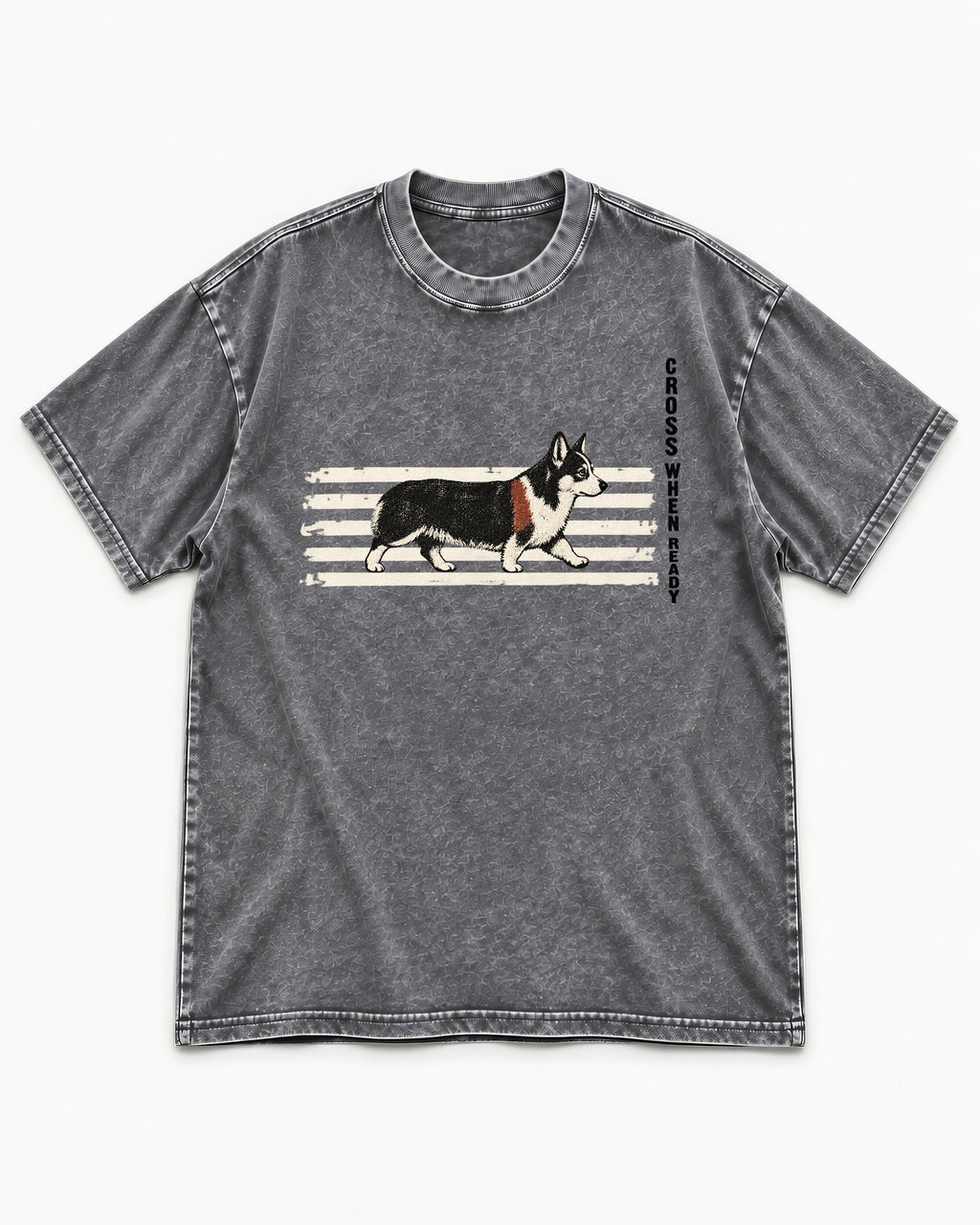 Corgi Cross When Ready Crossing Bars Graphic Washed Tee in Gray, flat lay product photo
