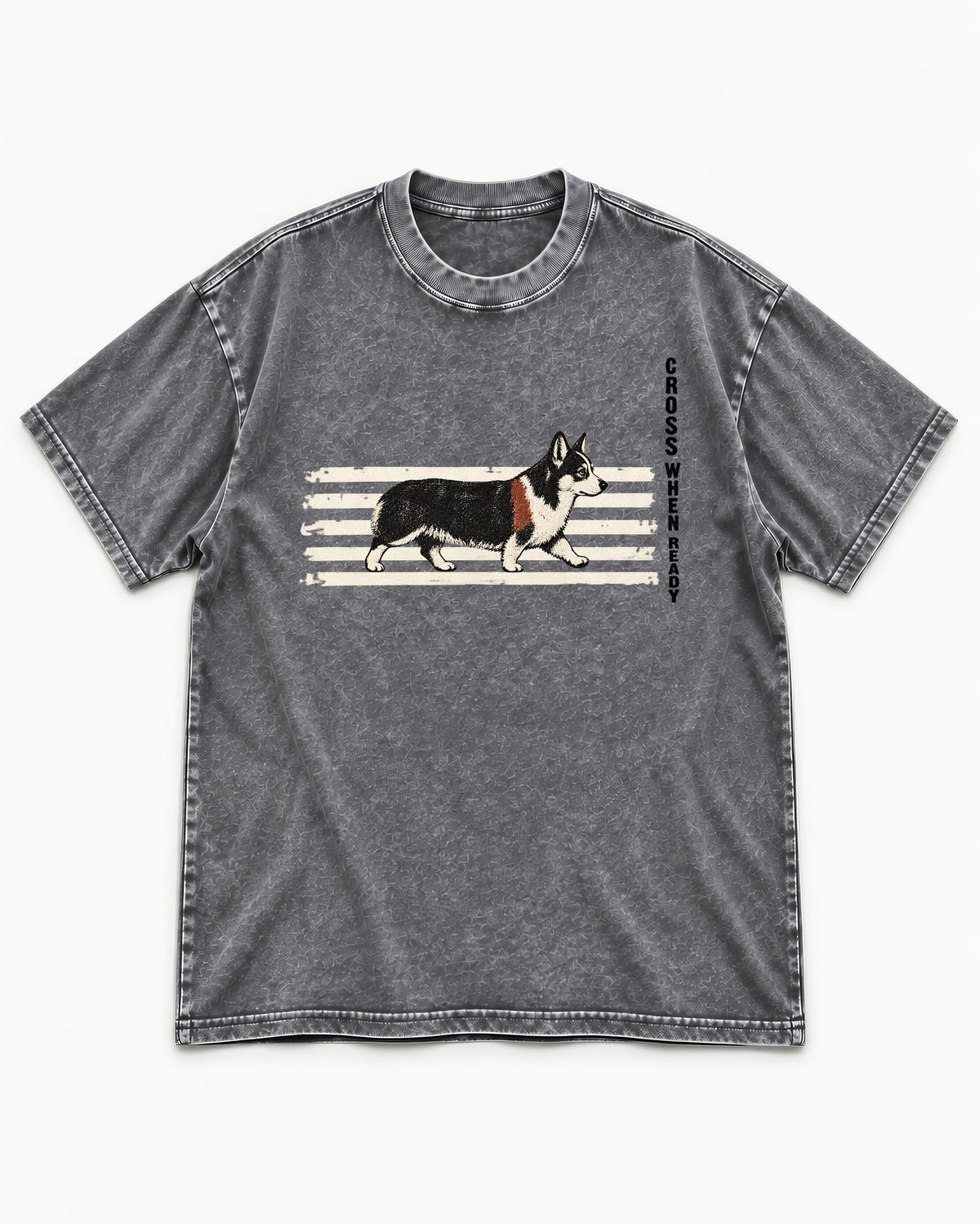 Corgi Cross When Ready Crossing Bars Graphic Washed Tee in Gray, flat lay product photo