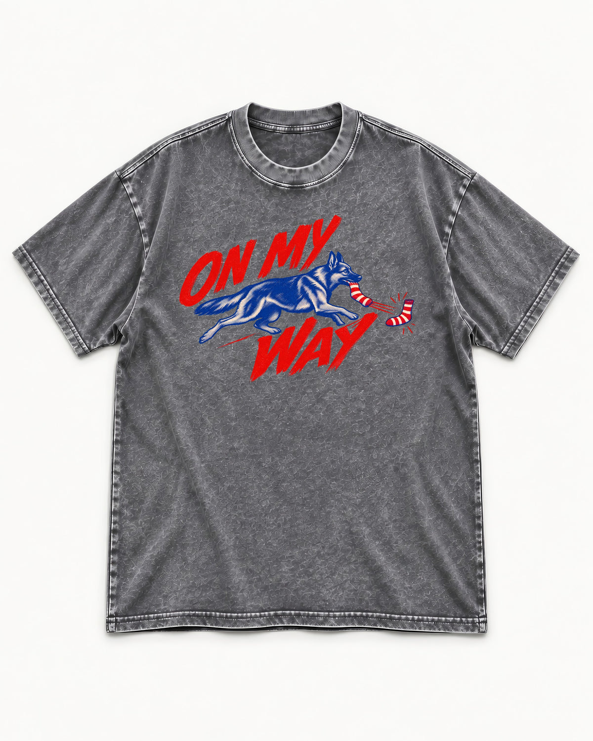 German Shepherd Dog On My Way Sock Chase Graphic Washed Tee in Gray, flat lay product photo