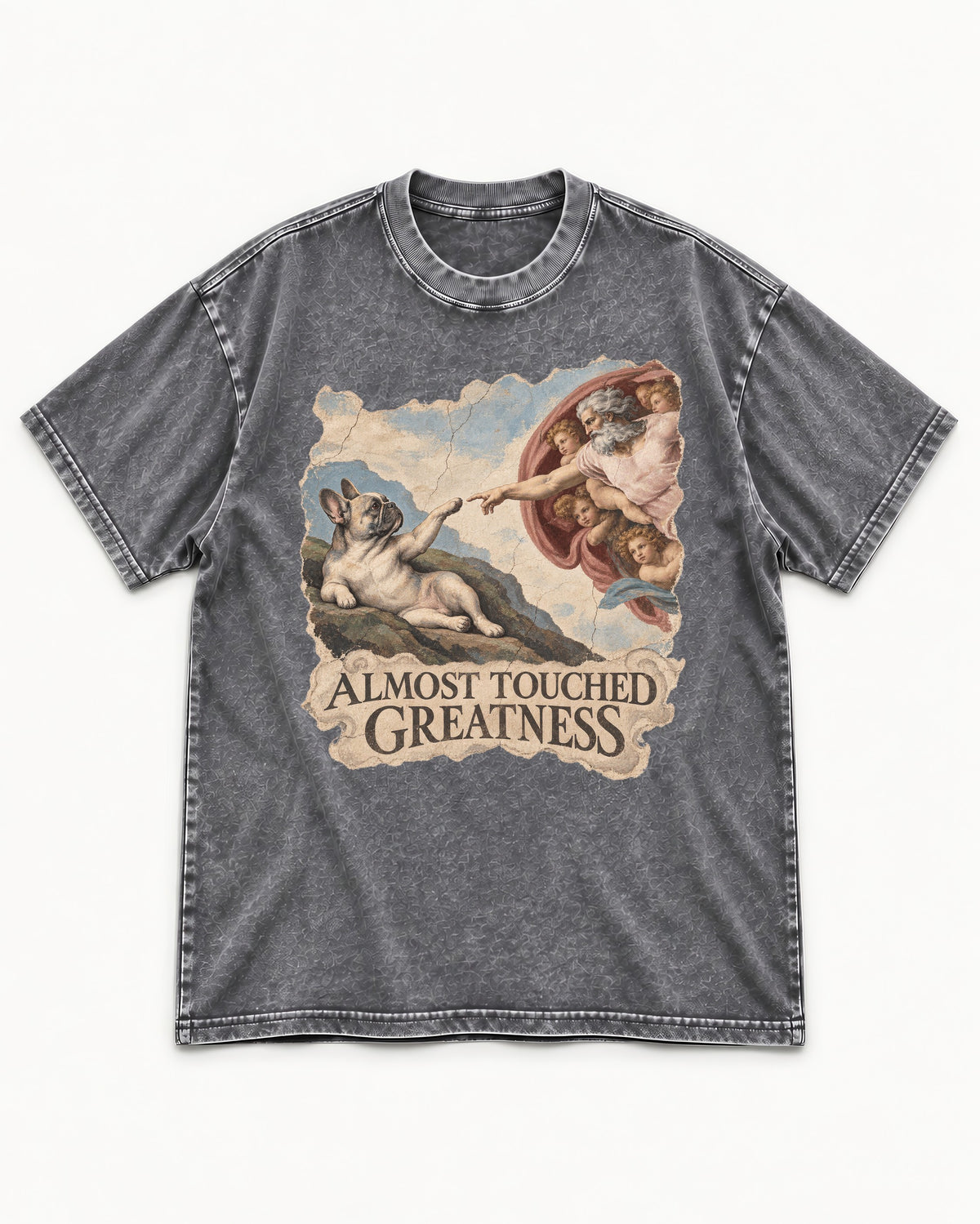 Frenchie Almost Touched Greatness Washed Tee in Gray, flat lay product photo