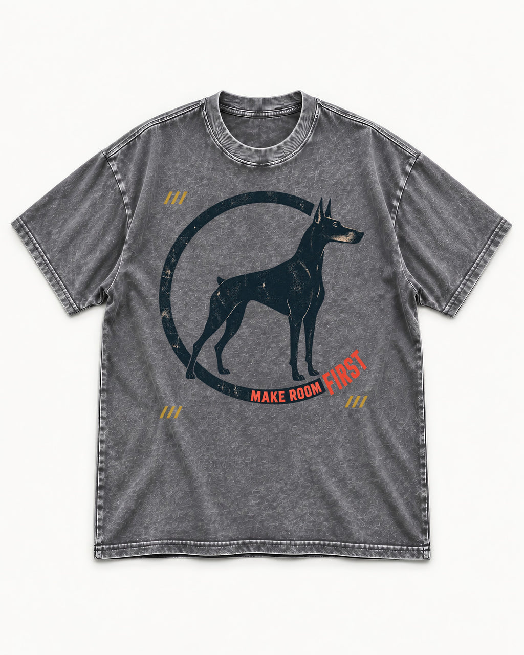Make Room First Doberman Washed Tee in Gray, flat lay product photo
