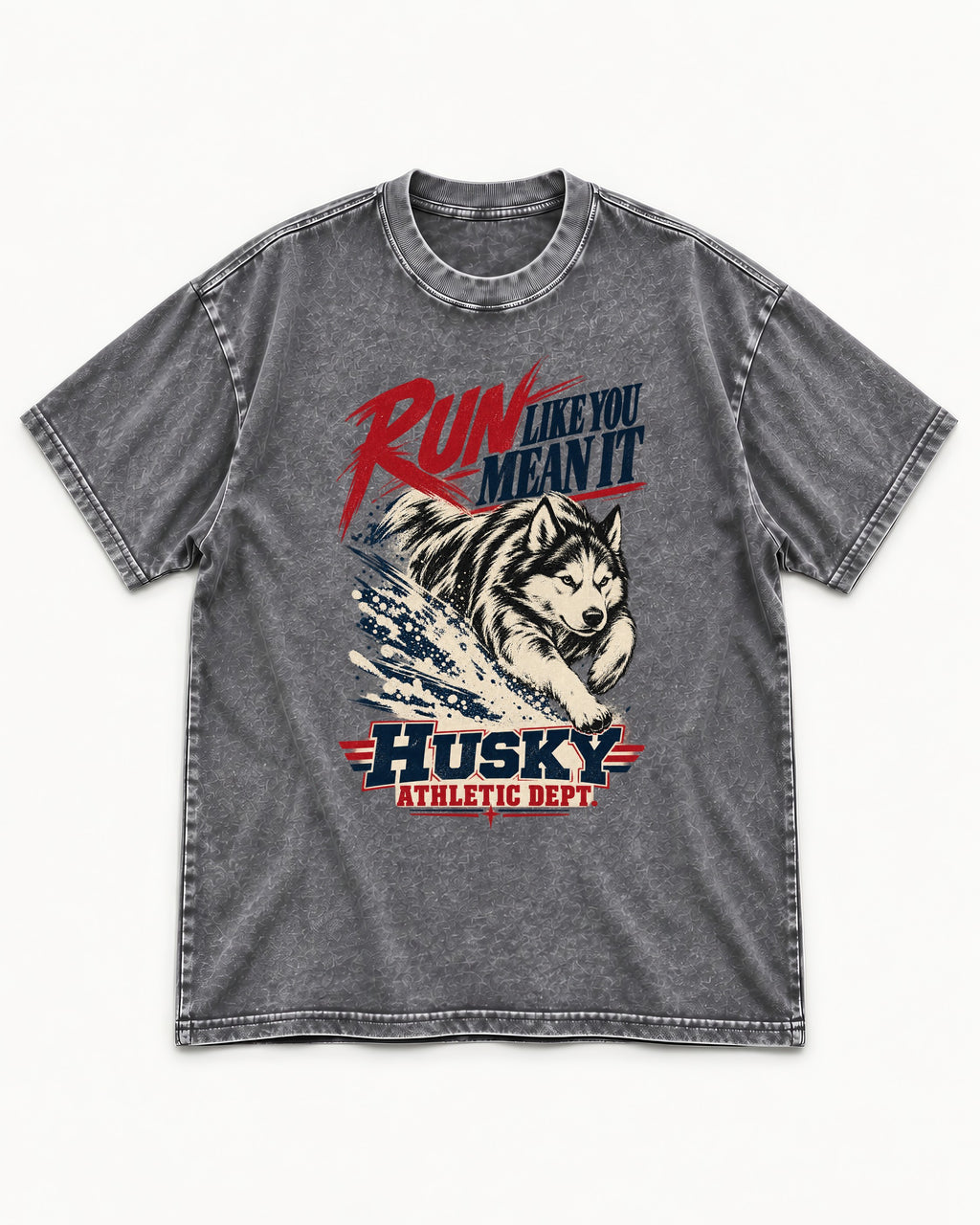 Husky Run with Purpose Washed Tee in Gray, flat lay product photo