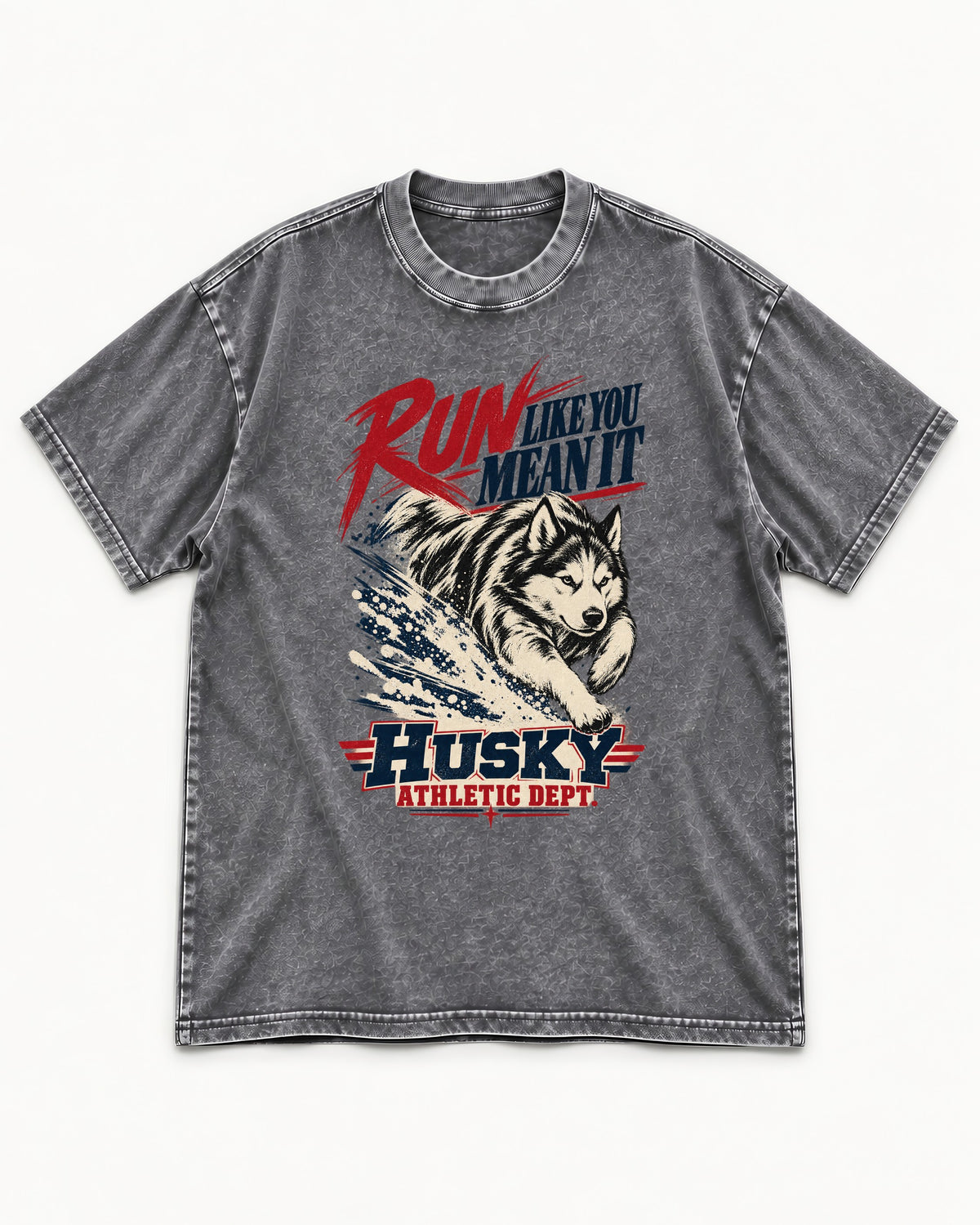 Husky Run with Purpose Washed Tee in Gray, flat lay product photo