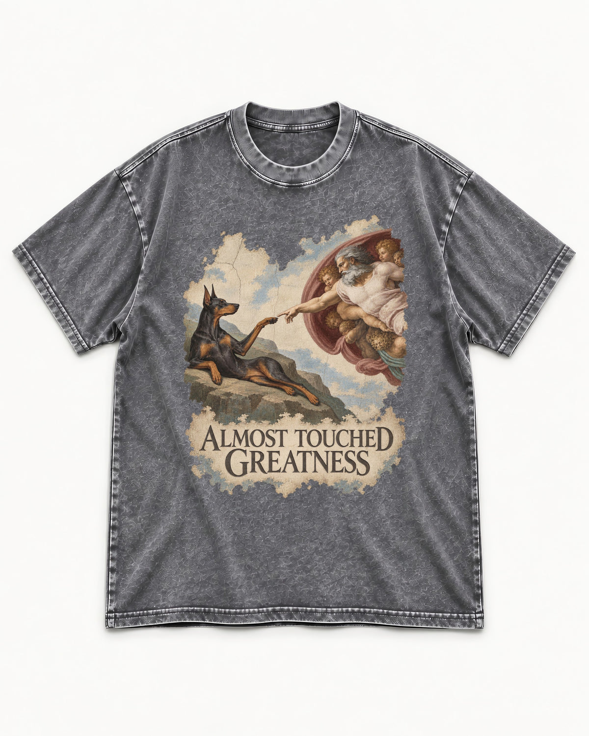 Doberman Almost Touched Greatness Creation Scene Graphic Washed Tee in Gray, flat lay product photo