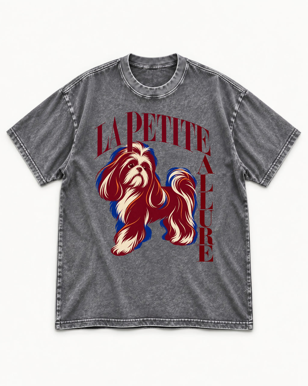 La Petite Allure Shih Tzu Washed Tee in Gray, flat lay product photo