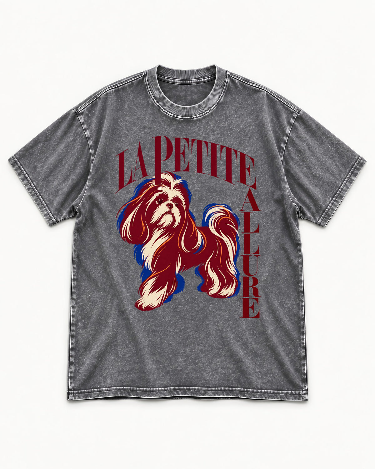La Petite Allure Shih Tzu Washed Tee in Gray, flat lay product photo