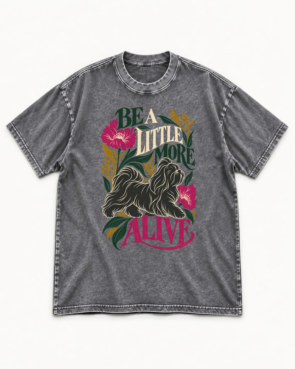 Shih Tzu Be a Little More Alive Botanical Graphic Washed Tee in Gray, flat lay product photo