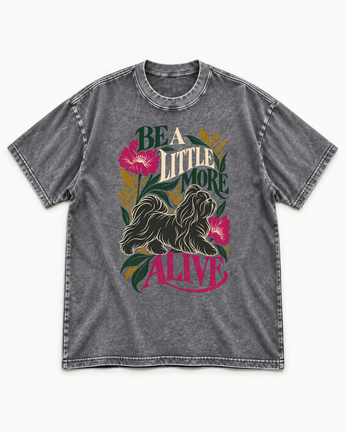 Shih Tzu Be a Little More Alive Botanical Graphic Washed Tee in Gray, flat lay product photo