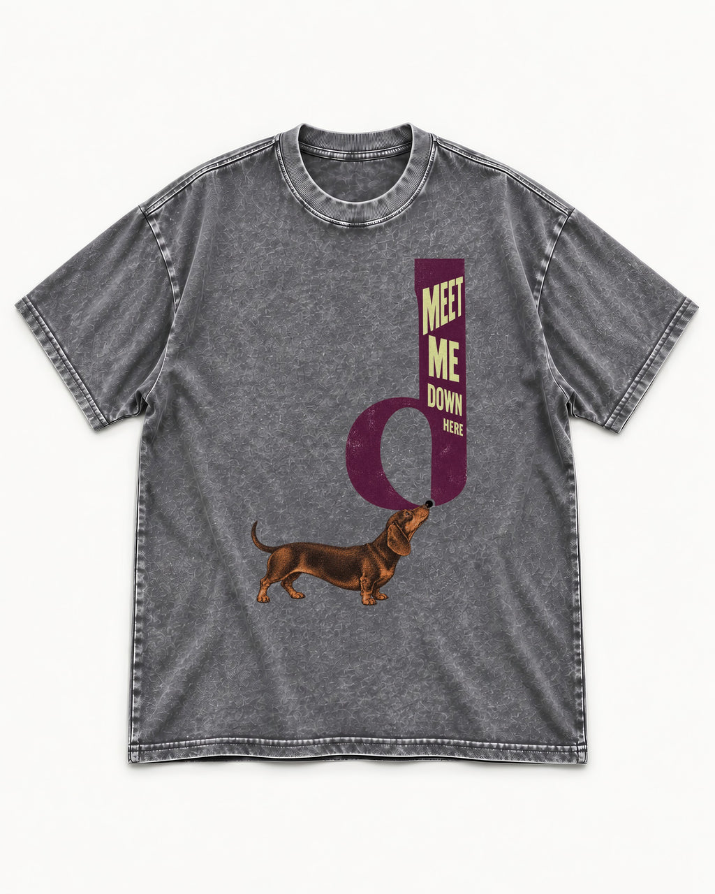 Dachshund Meet Me Down Here Letterform Loop Graphic Washed Tee in Gray, flat lay product photo
