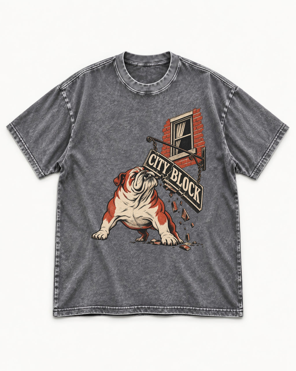 English Bulldog City Block Breaking Sign Graphic Washed Tee in Gray, flat lay product photo