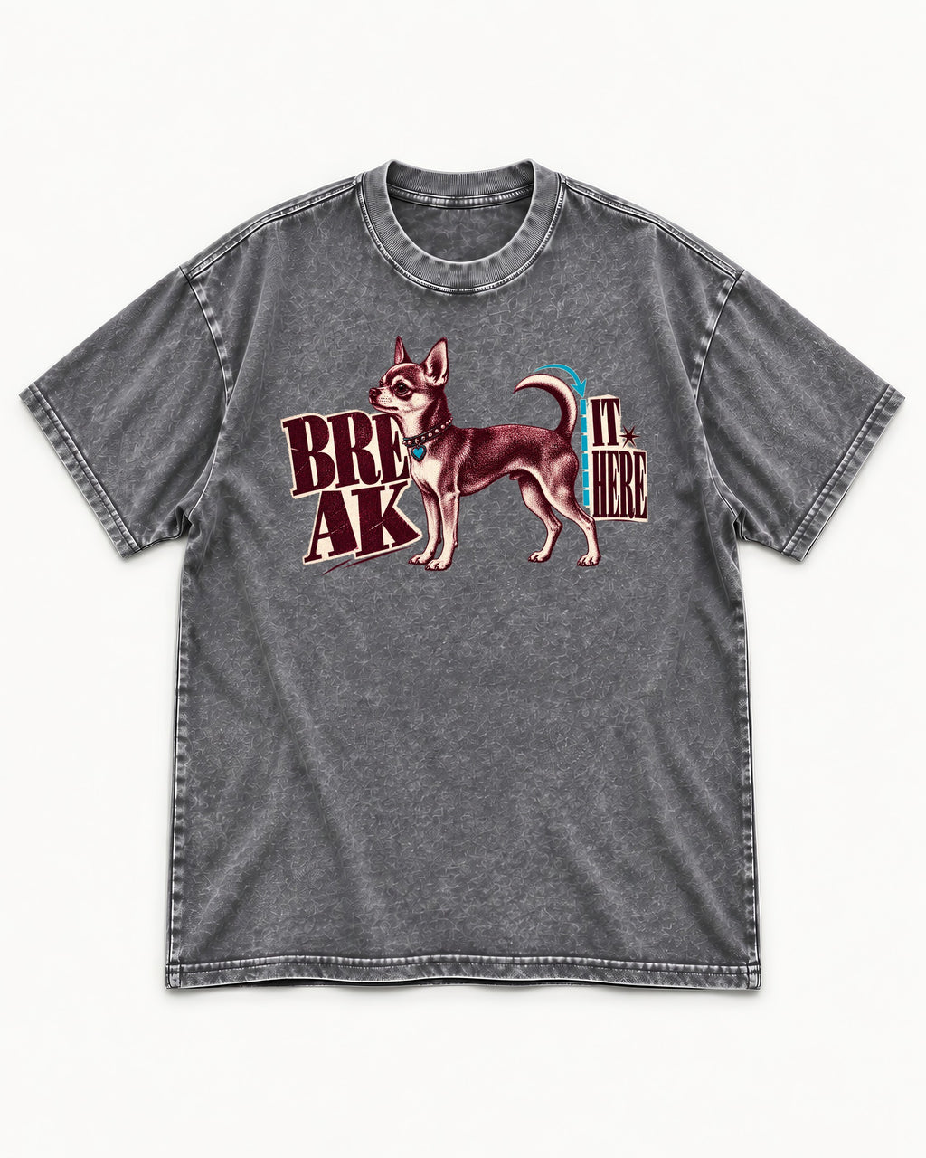 Chihuahua Break It Here Perforation Graphic Washed Tee in Gray, flat lay product photo