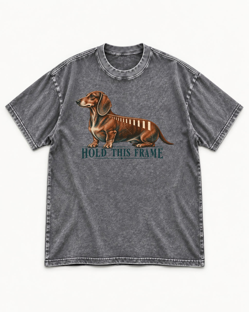 Dachshund Hold This Frame Washed Tee in Gray, flat lay product photo
