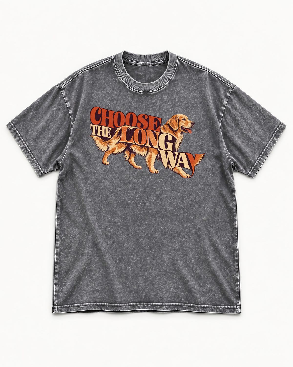 Golden Retriever Choose The Long Way Retro Graphic Washed Tee in Gray, flat lay product photo