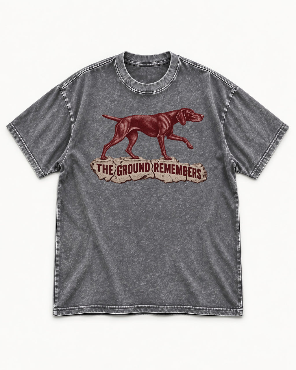 The Ground Remembers German Shorthaired Pointer Washed Tee in Gray, flat lay product photo