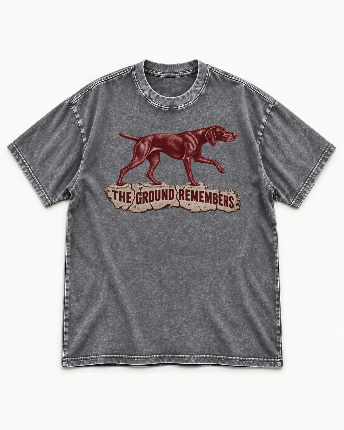 The Ground Remembers German Shorthaired Pointer Washed Tee in Gray, flat lay product photo