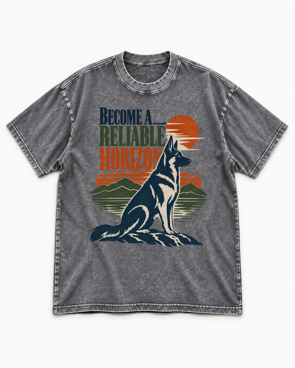 German Shepherd Dog Become a Reliable Horizon Washed Tee in Gray, flat lay product photo