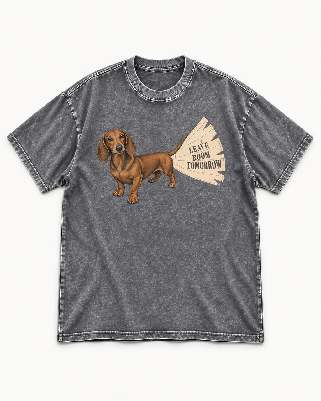 Dachshund Leave Room Tomorrow Washed Tee in Gray, flat lay product photo