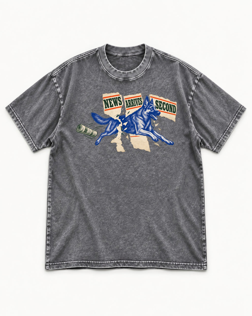 News Arrives Second German Shepherd Dog Washed Tee in Gray, flat lay product photo