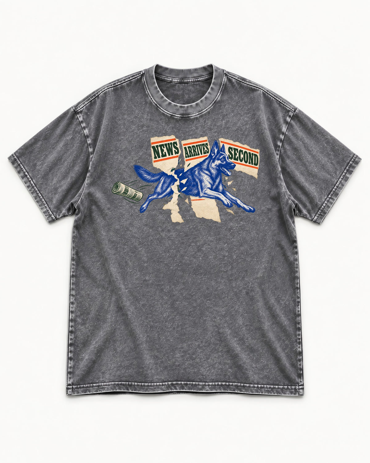 News Arrives Second German Shepherd Dog Washed Tee in Gray, flat lay product photo