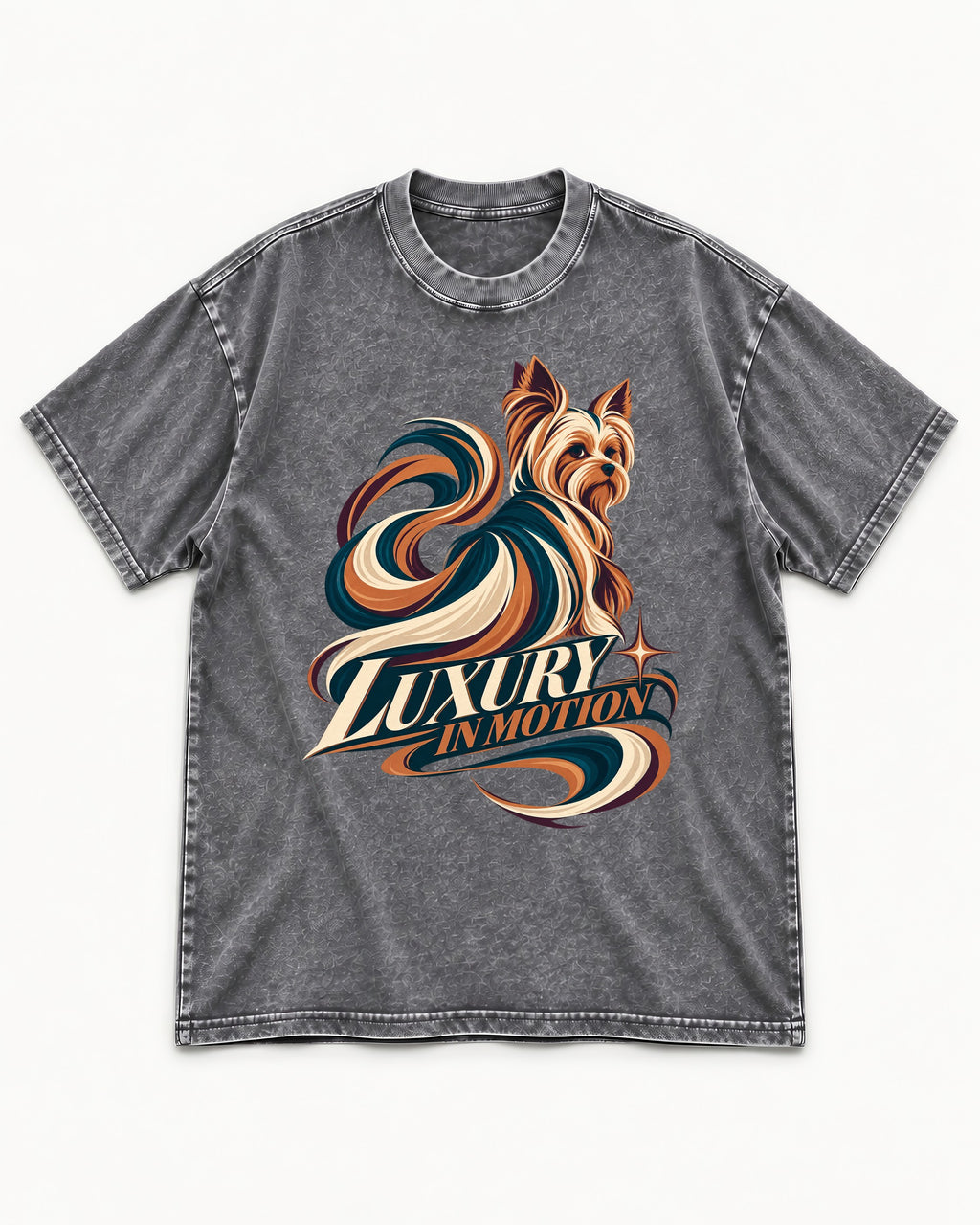 Yorkshire Terrier Luxury in Motion Washed Tee in Gray, flat lay product photo