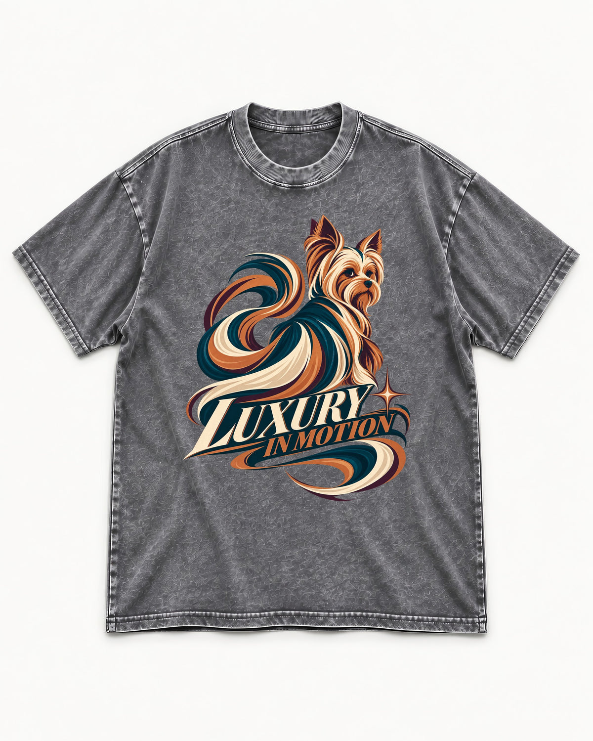 Yorkshire Terrier Luxury in Motion Washed Tee in Gray, flat lay product photo