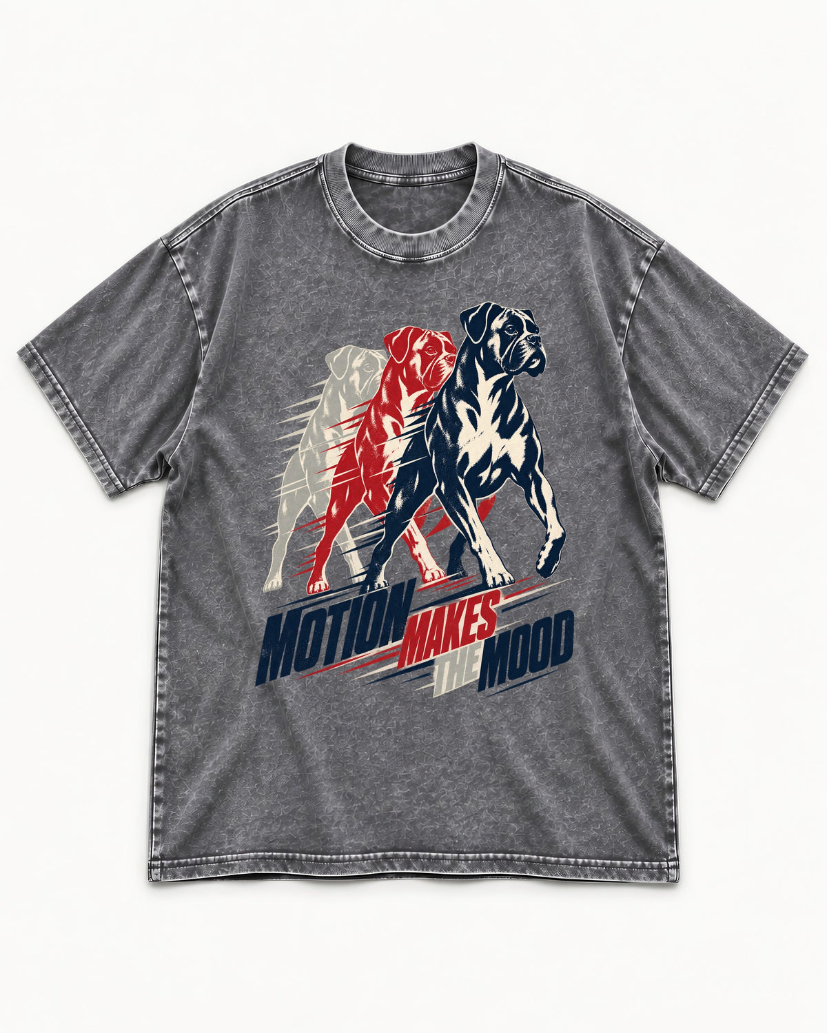 Boxer Motion Makes the Mood Washed Tee in Gray, flat lay product photo