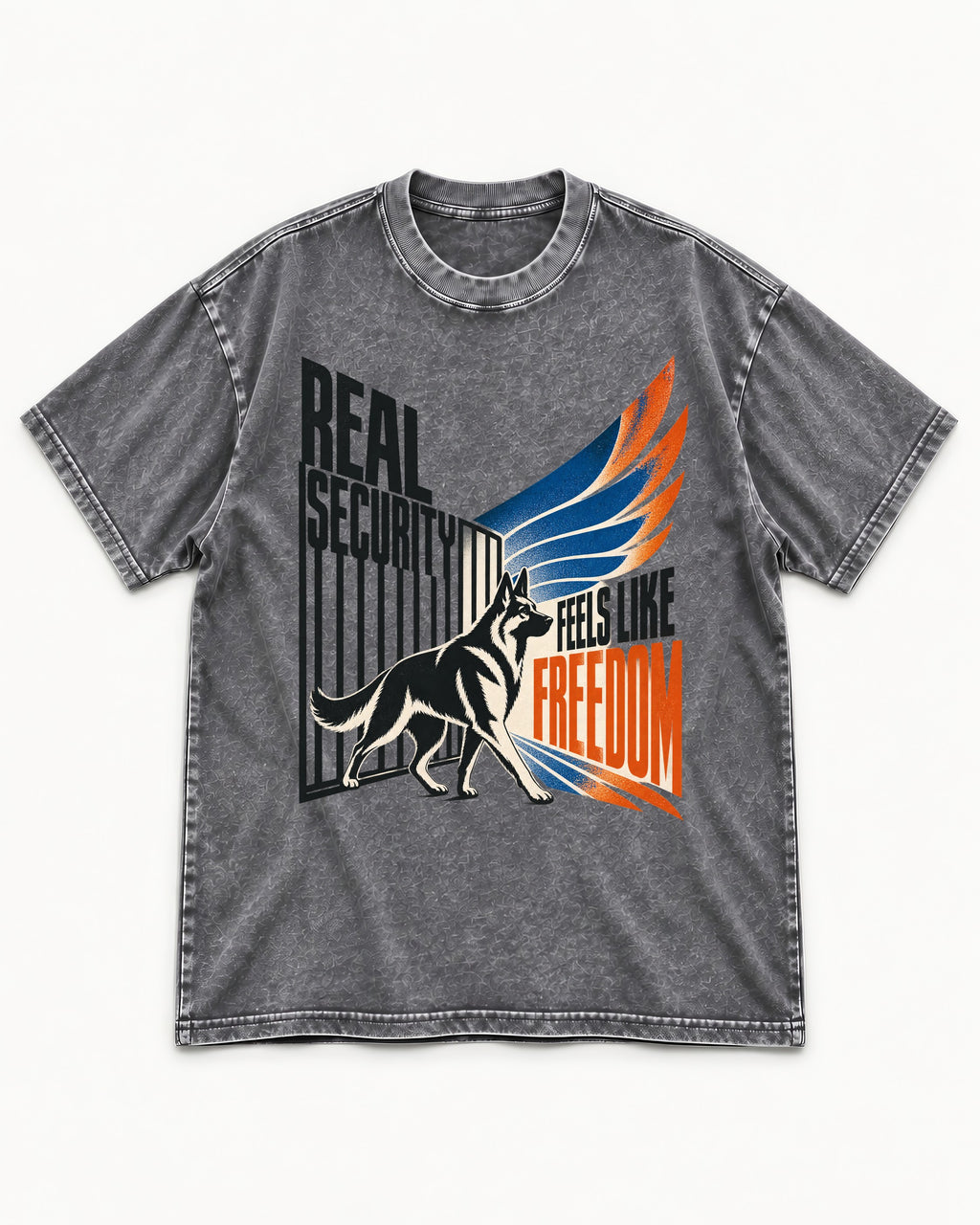 German Shepherd Dog Feels Like Freedom Washed Tee in Gray, flat lay product photo