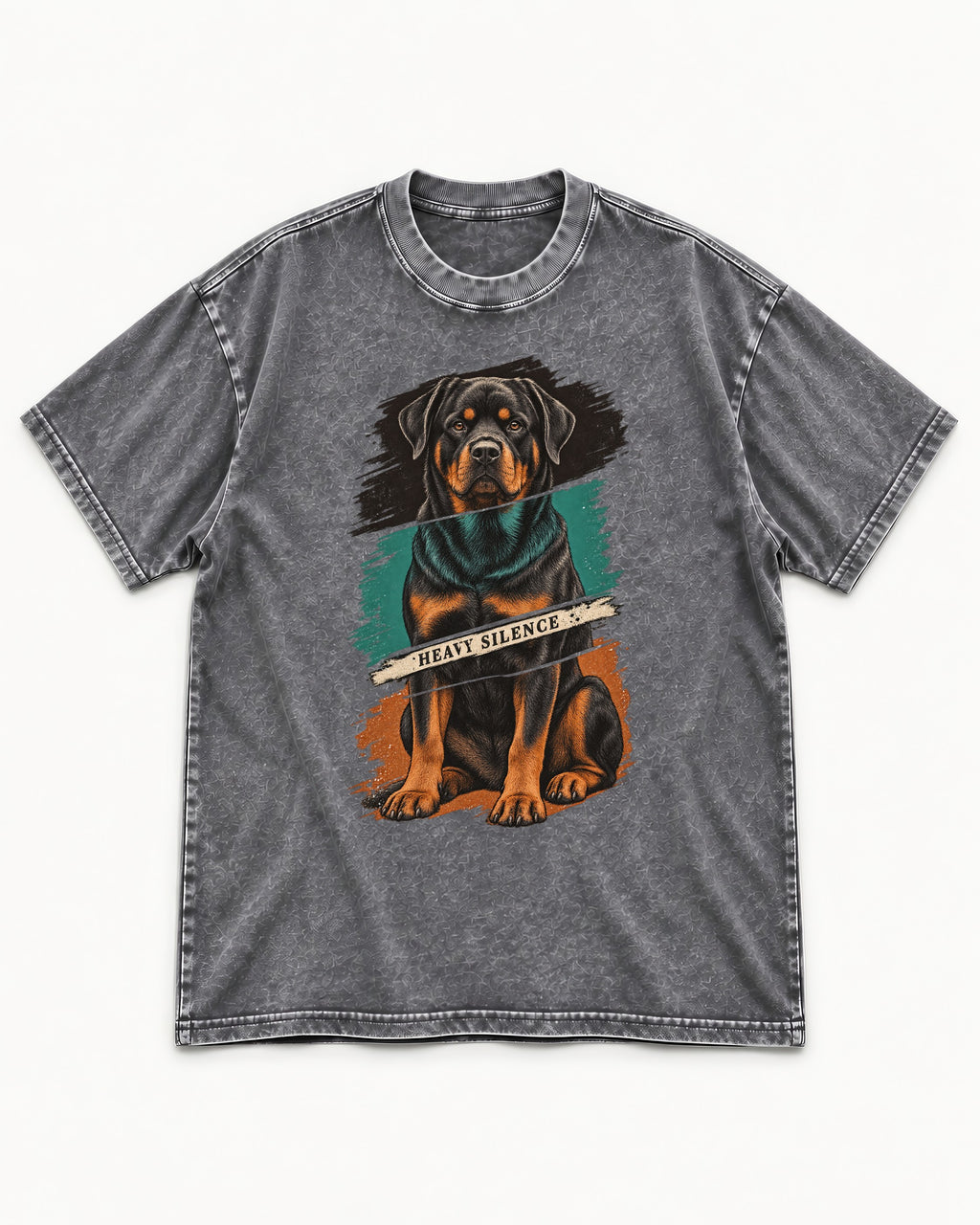 Rottweiler Heavy Silence Brushstroke Portrait Graphic Washed Tee in Gray, flat lay product photo