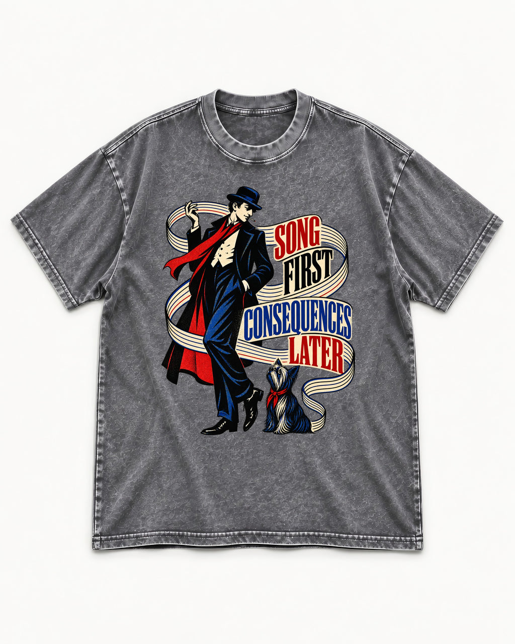 Yorkshire Terrier Song First Consequences Later Washed Tee in Gray, flat lay product photo