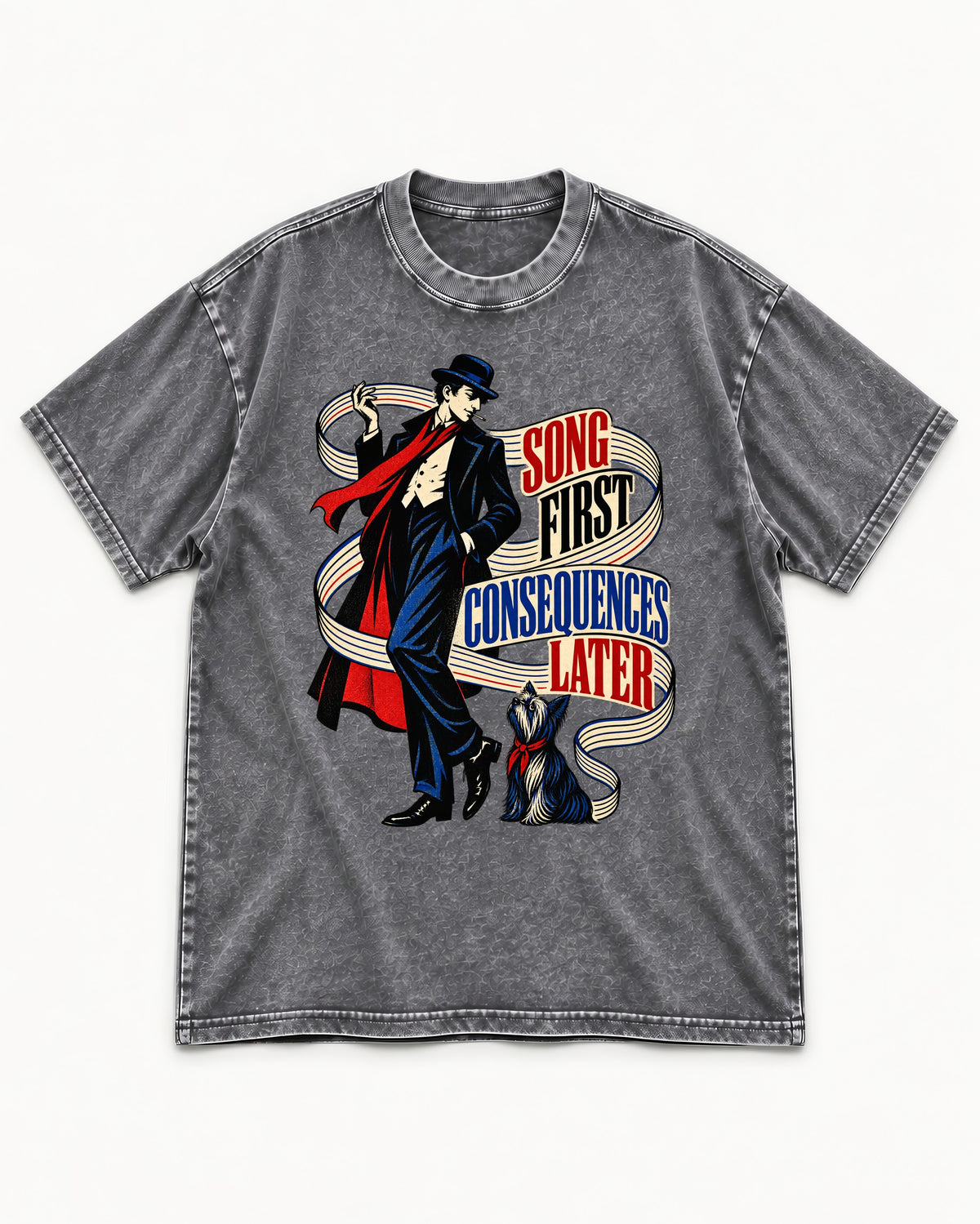 Yorkshire Terrier Song First Consequences Later Washed Tee in Gray, flat lay product photo