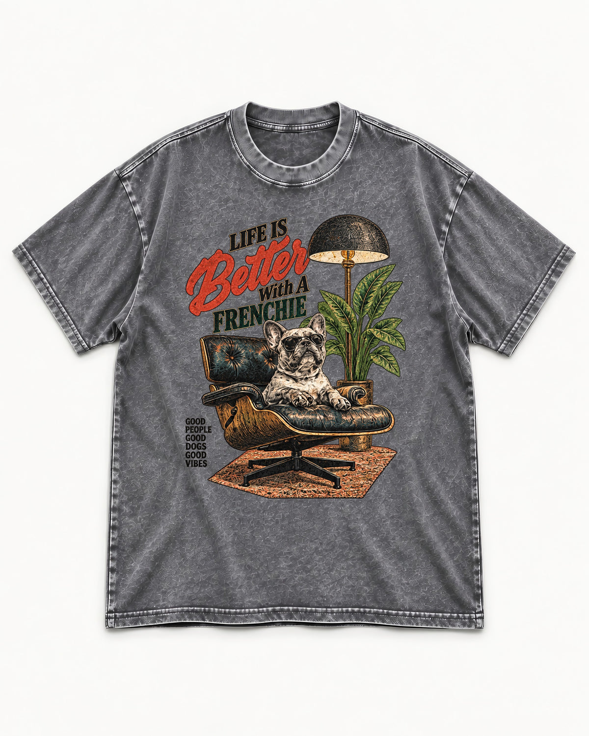 Better with a Frenchie Washed Tee in Gray, flat lay product photo