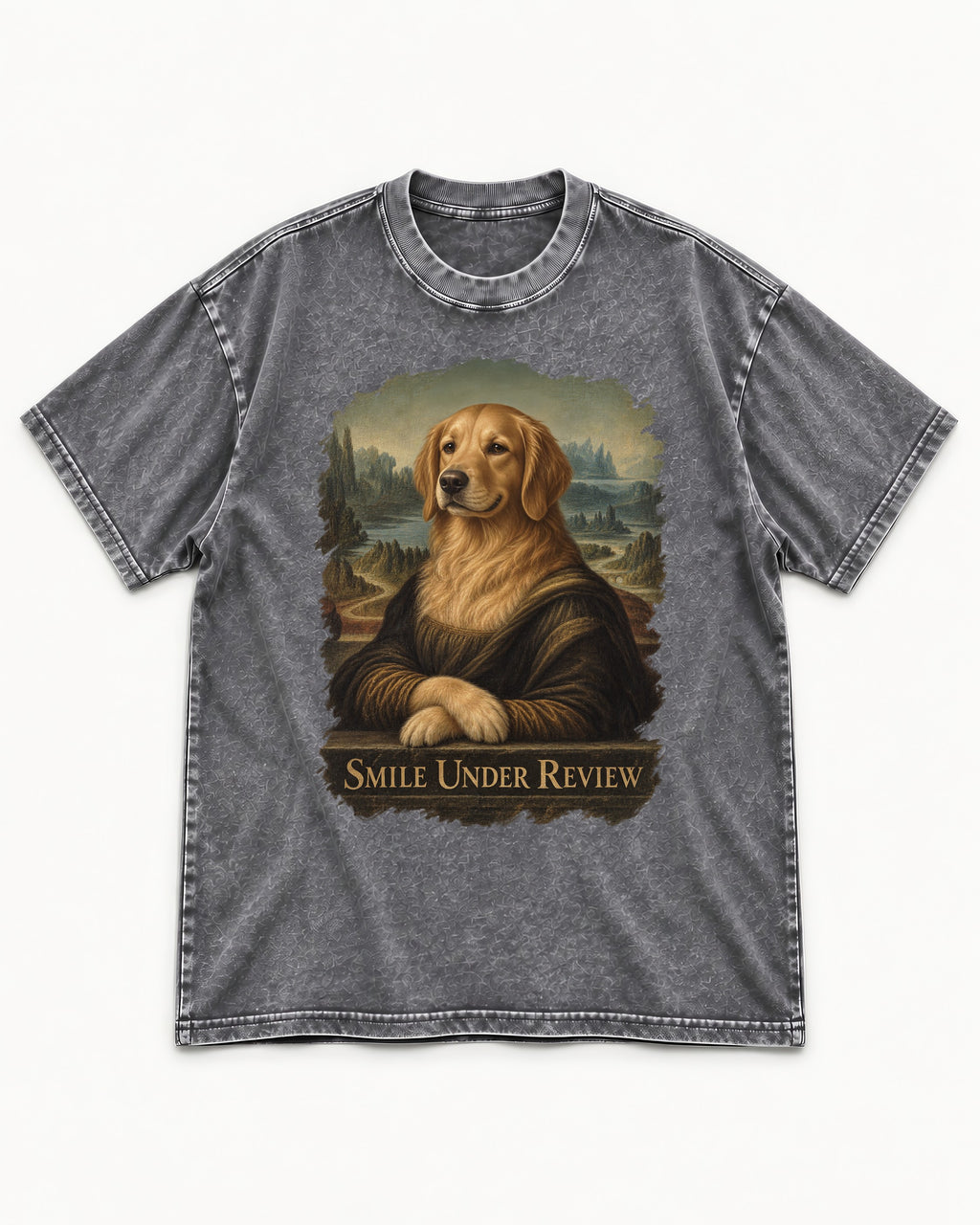 Smile Under Review Renaissance Portrait Golden Retriever Graphic Washed Tee in Gray, flat lay product photo