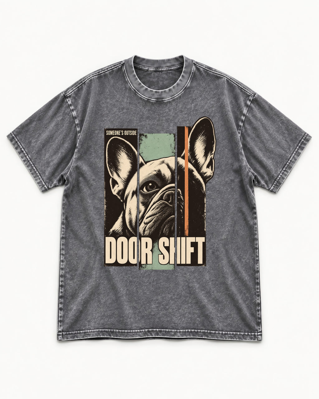 Frenchie Someone's Outside Door Shift Graphic Washed Tee in Gray, flat lay product photo
