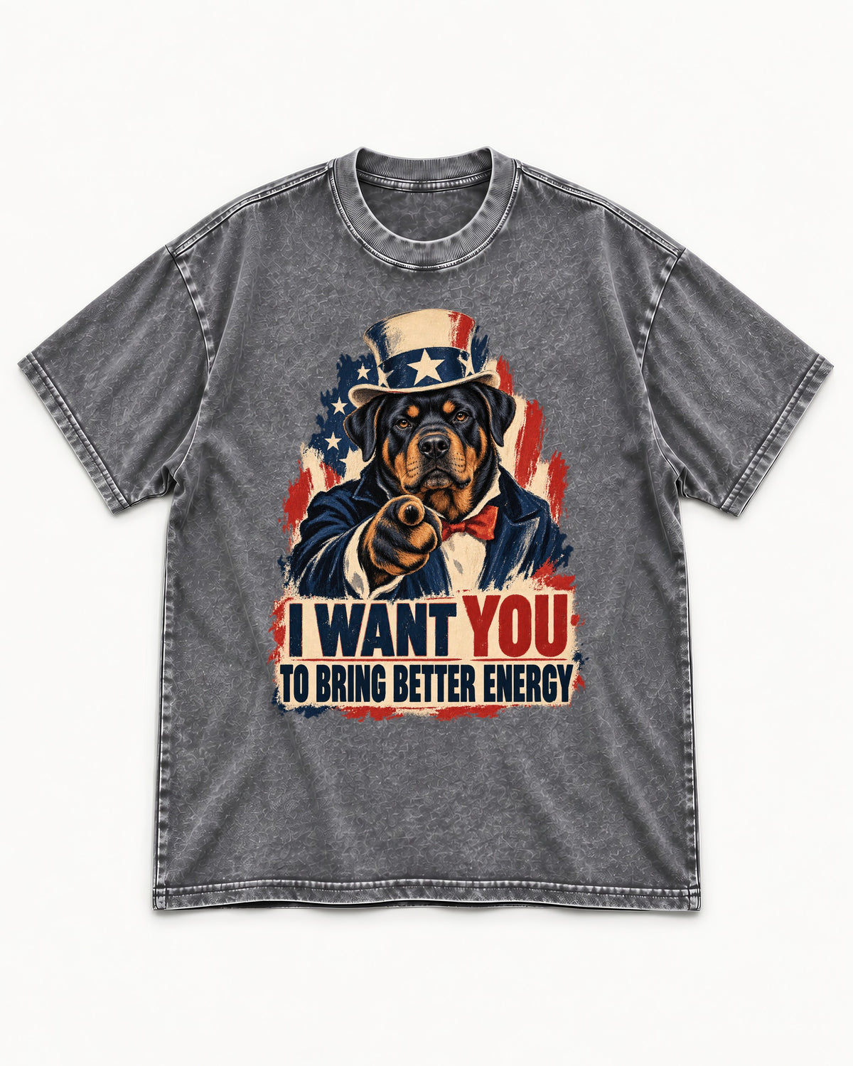Rottweiler I Want You to Bring Better Energy Recruitment Poster Graphic Washed Tee in Gray, flat lay product photo