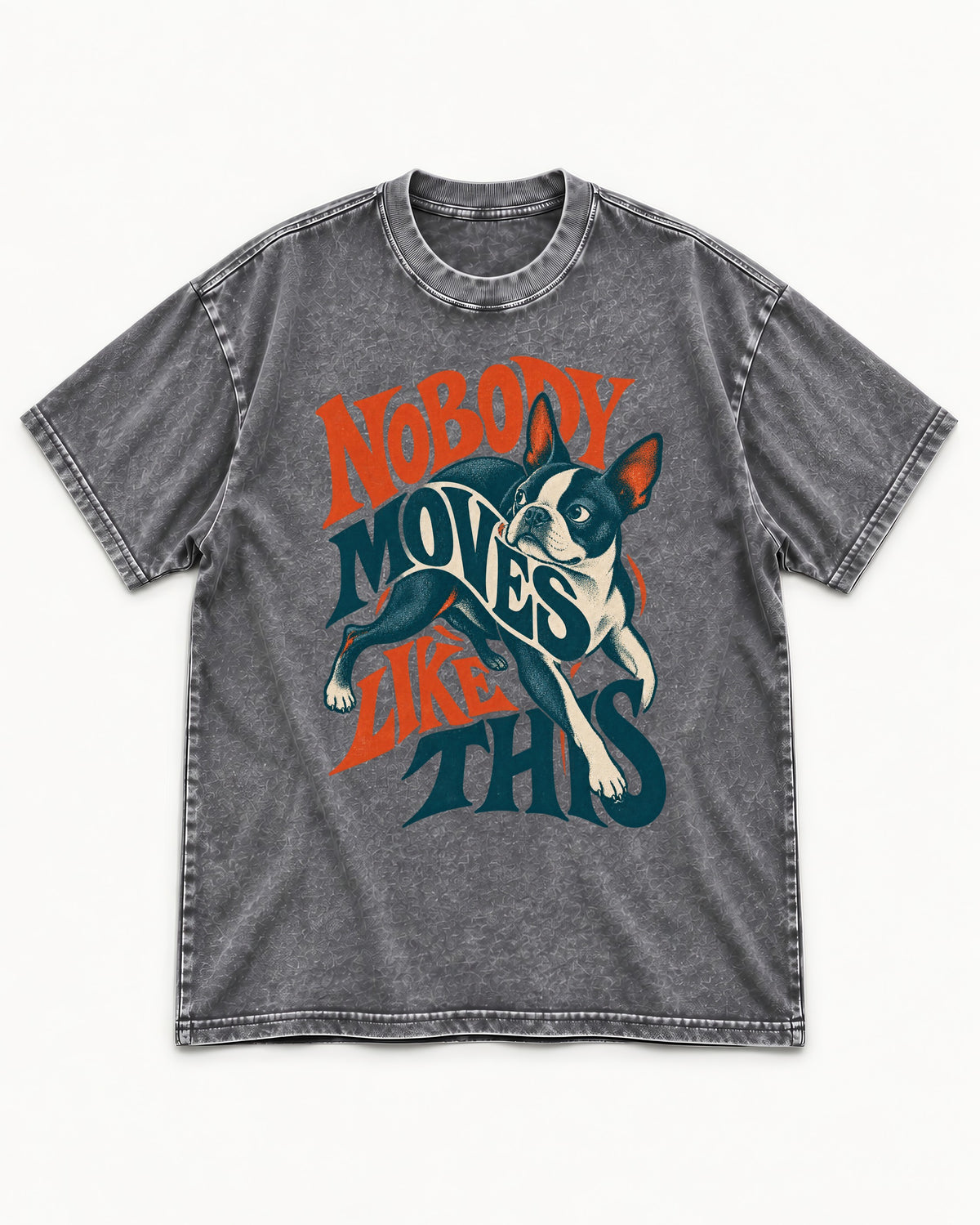 Nobody Moves Like This Boston Terrier Washed Tee in Gray, flat lay product photo